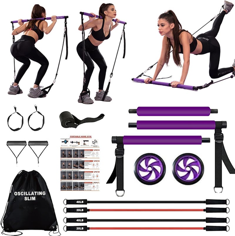 OSCILLATING SLIM Pilates bar kit Multiple Fitness bar with Resistance Bands, Ab Rollers.Core Strength Training Equipment. Squat Machine for Men and Women.Portable Home Gym Pilates bar kit for Full Body Training Women - Image 1